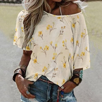 Off Shoulder Mid Sleeve Top Relaxed Fit Lightweight Women's Top Casual Fashion Simple Yellow Watercolor Spring Flower Pattern 2XL