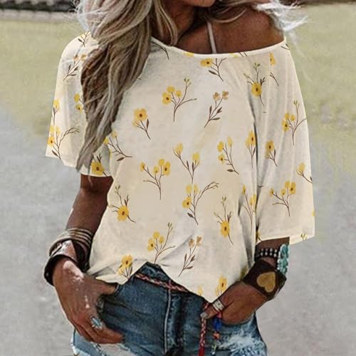 Off Shoulder Mid Sleeve Top Relaxed Fit Lightweight Women's Top Casual Fashion Simple Yellow Watercolor Spring Flower Pattern 2XL