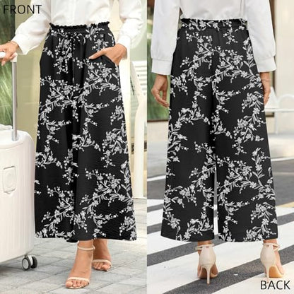 Bestbee Womens Plus Size Palazzo Pants Dressy Casual Wide Leg Gaucho Pant Business Flowy Slacks Elastic Waist with Pockets, 2XL, Black-White Flower