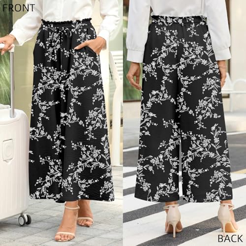 Bestbee Womens Plus Size Palazzo Pants Dressy Casual Wide Leg Gaucho Pant Business Flowy Slacks Elastic Waist with Pockets, 2XL, Black-White Flower