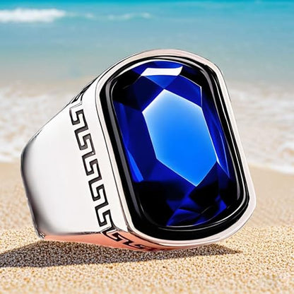 EKJQB Sterling Silver 5CT Sapphire Signet Men's Ring Square Genuine Sapphire Ring Handcrafted Vintage Textured Band Groom Jewelry Engagement Wedding Christmas Gift for Husband