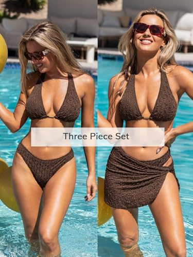CUPSHE Women's Bikini Sets Three Piece Swimsuit V Neck Textured Halter Back Self Tie Twist Sarong Low Rise, M Brown