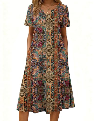 Zeagoo Women Summer Dress with Pocket Casual Short Sleeve Floral Midi A-Line Flowy Beach Vacation 2026 Tropical Boho Loose Henley V Neck