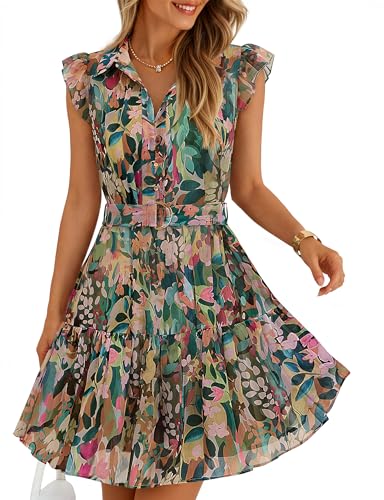 ZESICA Womens Summer Boho Floral Mini Dress 2026 Flutter Short Sleeve Button Chiffon A Line Beach Vacation Party Dresses DarkGreen Large