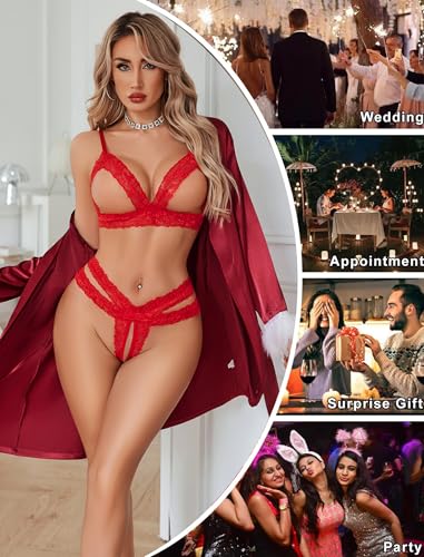 Avidlove Lace Lingerie Set for Women Sexy Cutout Matching Bra and Panty Sets 2 Piece Wireless Bralette Outfits Red L