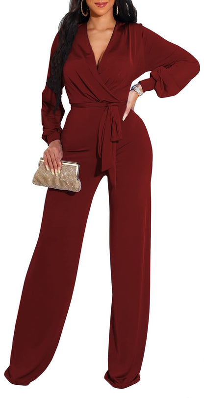shengfan Formal Jumpsuits for Women Dressy Evening Sexy Deep V Neck Plus Size Long Wide Leg Pants Rompers Clubwear