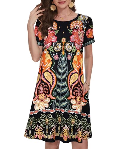 elescat Sun Dress Cotton Loose Fit Short Sleeve Sundress Women Fashion Swing Tunic Dress (Yellow Flower,L)