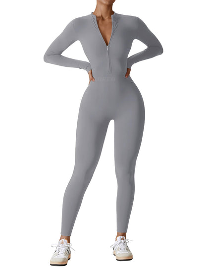 Women's Long Sleeve Workout Jumpsuit - Zip Up Bodycon Romper One Piece