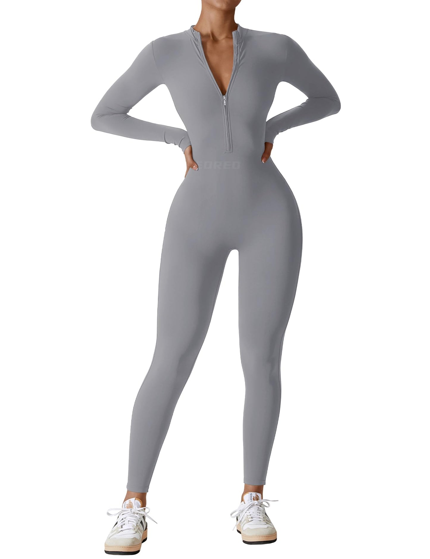 Women's Long Sleeve Workout Jumpsuit - Zip Up Bodycon Romper One Piece