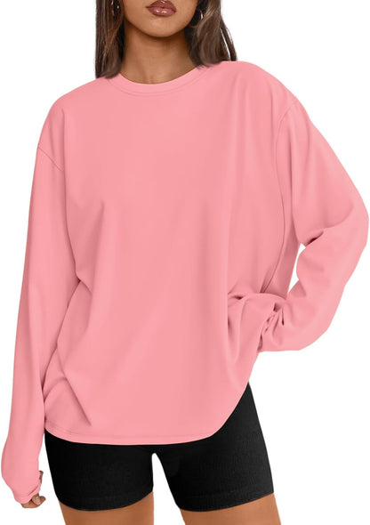 Women's Oversized Long Sleeve T-Shirt Casual Crewneck Basic Tee Coral