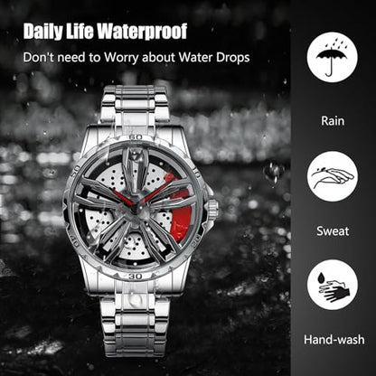 RORIOS Car Hub Design Watch Men’s Analogue Quartz Watches 3ATM Waterproof Wrist Watch Fashion Cool Watch for Men with Stainless Steel Strap