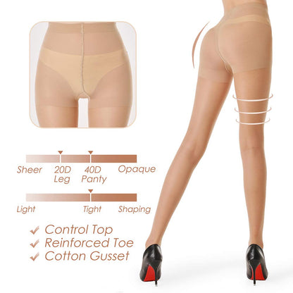 Women's 20D Sheer Control Top Pantyhose - 3 Pack Ultra Thin Tights with Reinforced Toes