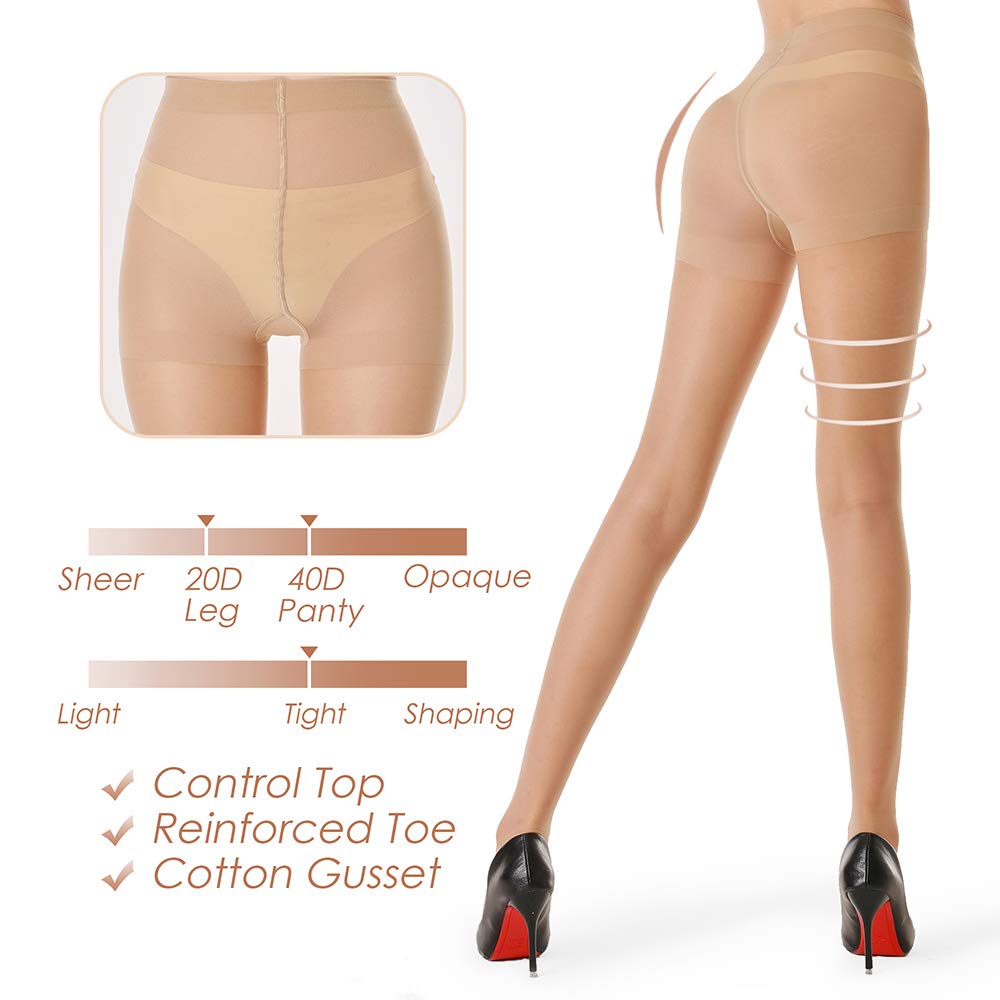 Women's 20D Sheer Control Top Pantyhose - 3 Pack Ultra Thin Tights with Reinforced Toes
