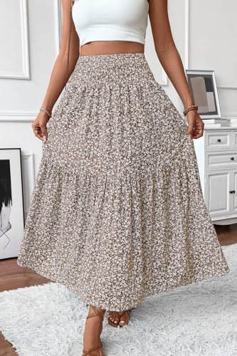 TuoGo Women's Smocked High Waist Maxi Long Skirt with Pockets (L,932-Khaki Floral)