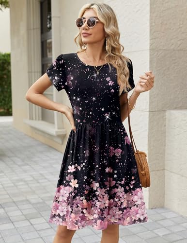 Zeagoo Beach Dress Women Short Sleeve Casual Floral Print A-Line Swing Mini Beach Sundress with Pockets Hawaiian Tropical Vacation Crew Neck