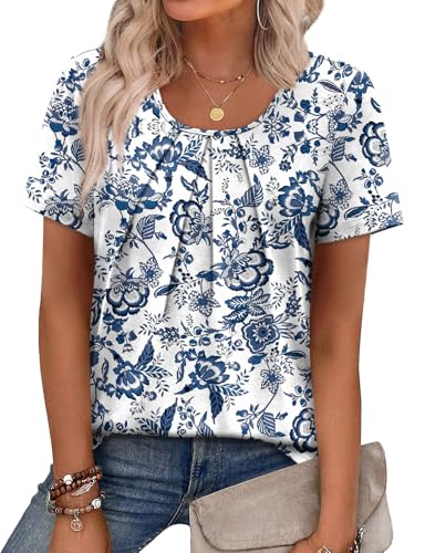 WIHOLL Boho Tops for Women Short Sleeve Shirts for Women Trendy Blouses Dressy Casual Spring Summer Vintage Clothing 2026 Blue Floral Print L