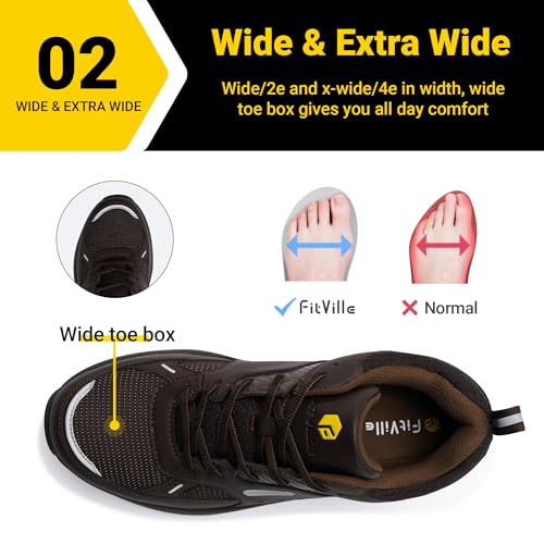 FitVille Extra Wide Steel Toe Shoes for Men, Composite Toe Work Shoes for Men, Water Resistant, Slip Resistant, Leather, Brown, 13 X-Wide