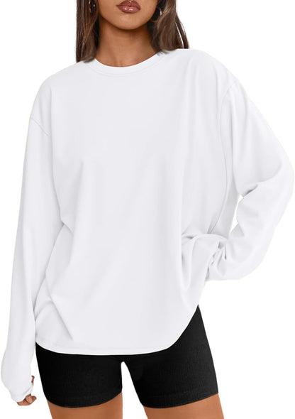 Women's Oversized Long Sleeve T-Shirt Casual Crewneck Basic Tee White