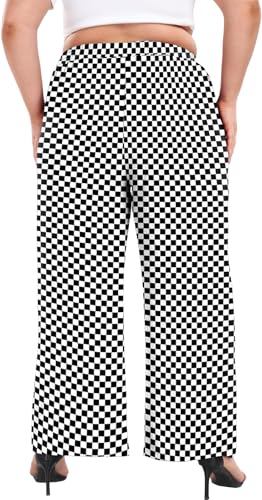 Lastshe Women's Plus Size Wide Leg Pants Palazzo Pants for Women Plus Size Outfits for Curvy Women Pants with Pockets,Black W Plaid,2X