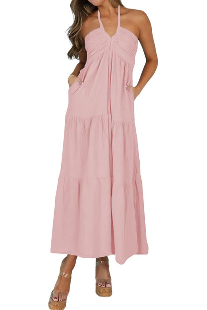 Blue Casual Dresses - Women's Halter Tiered Maxi Dress - Vacation Casual with Pockets