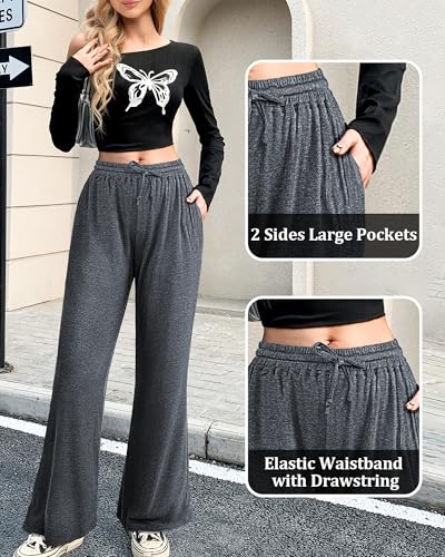 iesunny Wide Leg Pants Women Loose Pants with Pockets Lounge Casual Comfy Drawstring Trousers High Waisted XL Dark Gray