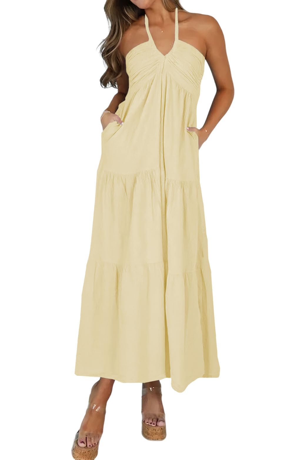 Blue Casual Dresses - Women's Halter Tiered Maxi Dress - Vacation Casual with Pockets Beige