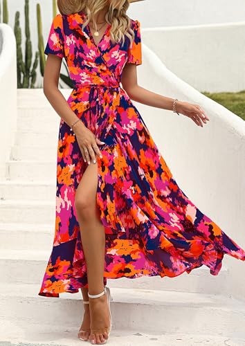 PRETTYGARDEN Women's Summer Wrap Maxi Dress Casual Boho Floral V Neck Short Sleeve Ruffle Hem Split Beach Long Dresses (Blue Orange Floral,X-Large)