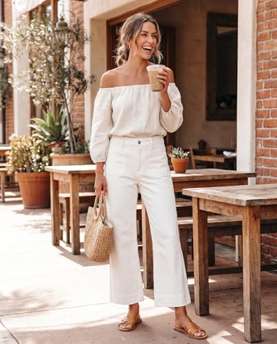 luvamia Wide Leg Jeans for Women Trendy High Waisted Flare Jeans Cropped Denim Pants Stretchy with Patch Pockets High Rise Flare Jeans for Women High Waist Pants Women Cream White Size 6