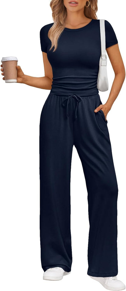 Women's 2 Piece Matching Sweatsuit Wide Leg Pants Crop Top Set