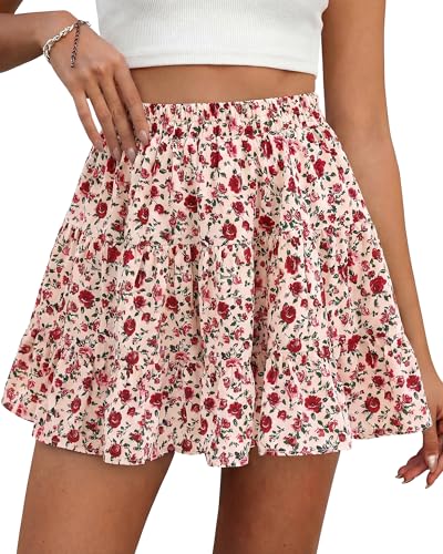 BTFBM Summer Skirts for Women 2026 Floral High Waist Shorts Underneath Boho Tiered Flowy Tennis Skorts Casual Mini Skirt(Floral Apricot Red, Small)