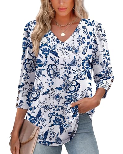 XIEERDUO Plus Size Womens Clothing Summer Tops 2026 Beach Fashion Vacation Clothes 3/4 Length Sleeve Womens Tops Fall Fashion Outfits Blouses Shirts F-White Tribal Blue Floral XXL