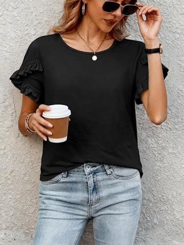 Xosini Short Sleeve Shirts for Women Ruffle Cute Tops Crewneck Tees Dressy Casual Fashion Blouse Chic Petal Spring Summer Outfits Pleated T-Shirts 2026 Beach Vacation Essentials Clothes,Black,L