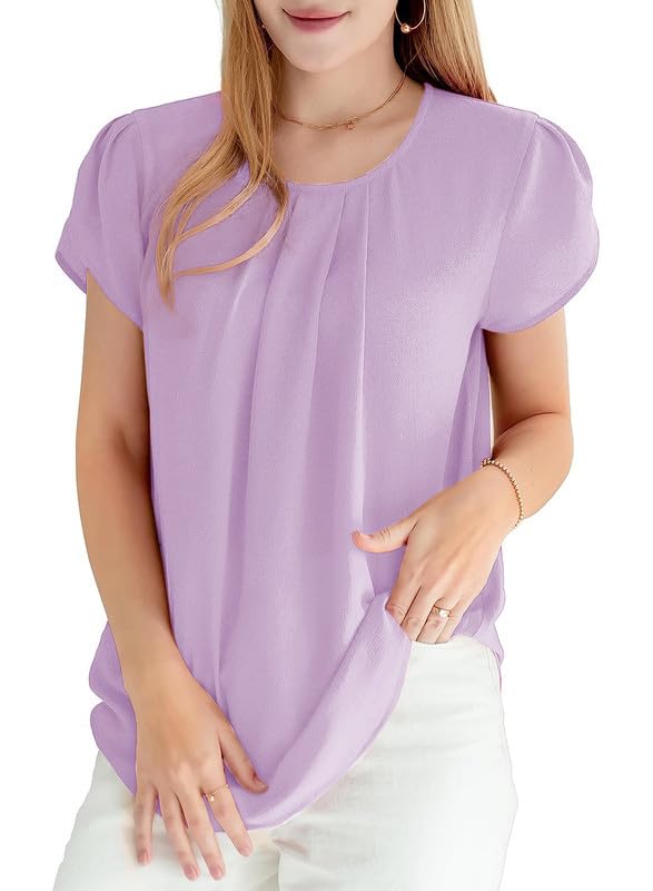 Polyester Blouses - Women's Chiffon Blouse Short Sleeve Pleated Top with Keyhole Back Detail