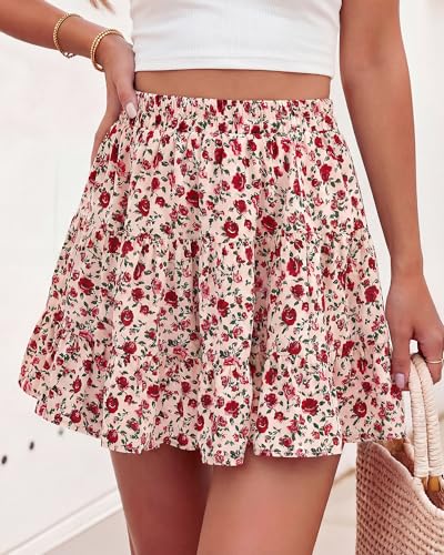 BTFBM Summer Skirts for Women 2026 Floral High Waist Shorts Underneath Boho Tiered Flowy Tennis Skorts Casual Mini Skirt(Floral Apricot Red, Small)