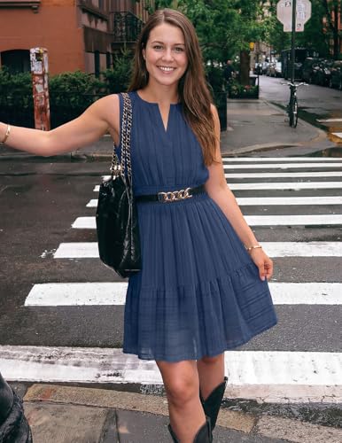 MEROKEETY Women's 2026 Summer Casual Mini Sundress Beach Vacation Sleeveless V Neck Flowy A Line Dress with Pockets, Navy, Medium