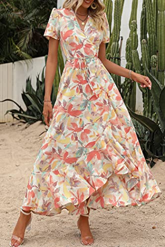 PRETTYGARDEN Women's Summer Wrap Maxi Dress Casual Boho Floral V Neck Short Sleeve Ruffle Hem Split Beach Long Dresses (White Floral,Medium)