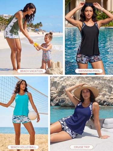 Summer Mae Blouson Tankini Swimsuits for Women 2026 Tummy Control Two Piece Bathing Suits with Sporty Pockets Swim Shorts Cube Size 14