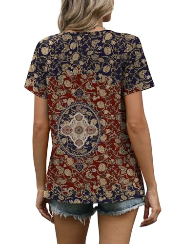 WIHOLL Burgundy Tops for Women Short Sleeve Blouses Dressy Casual Plus Size Fashion Clothing 2026 Summer Vacation Outfits Boho Print M