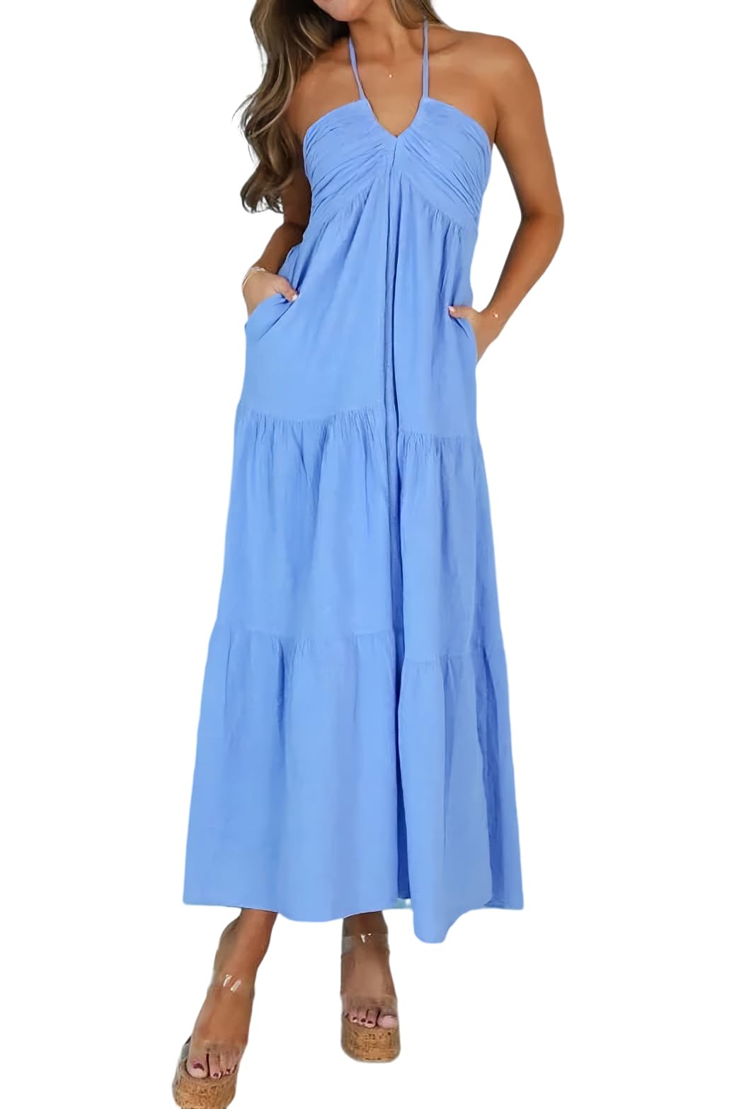 Blue Casual Dresses - Women's Halter Tiered Maxi Dress - Vacation Casual with Pockets Azure