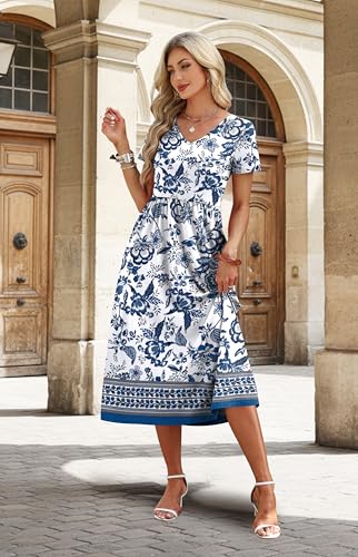 OFEEFAN Summer Dresses for Women Flowy Short Sleeve V Neck A Line Dress Spring Beach Vacation Casual Dresses Midi Maxi Dress Sundresses for Women Mandala Boho Print L