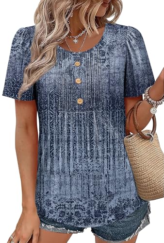 Boho Tops for Women Plus Size Fashion Clothing Babydoll Short Sleeve Shirts Dressy Casual Blouses Tuck Pleated Business Work Clothes Navy M