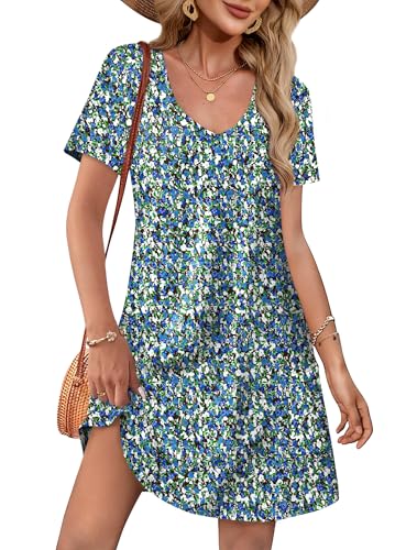 OFEEFAN Summer Dresses for Women 2026 Beach Fashion Vestidos De Verano para Mujer Women's Casual Dresses Loose V Neck Short Sleeve T Shirts Dress Sundresses with Pockets Floral 07 XL