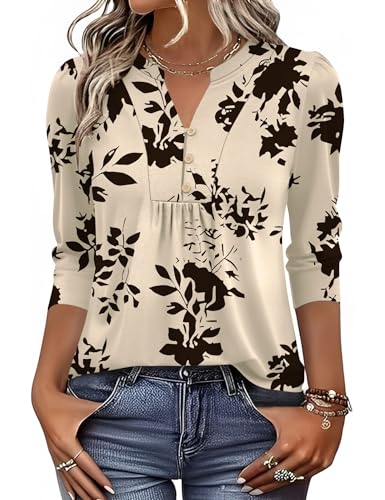 IECCP Womens Tops Dressy Casual Blouses Business Casual 2025 Summer 3/4 Sleeve Shirts Cute V Neck Puff Pleated Tunic Top (Apricot Black Floral,XL)