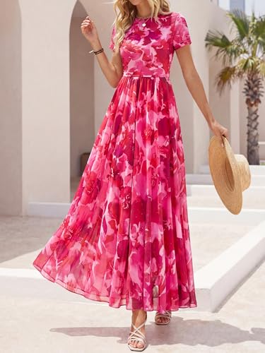 BTFBM Summer Dresses for Women 2026 Formal Short Sleeve Floral Homecoming Dress Maxi Wedding Guest Vacation Outfits(Floral Pink,Large)