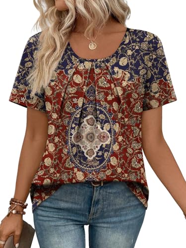 WIHOLL Burgundy Tops for Women Short Sleeve Blouses Dressy Casual Plus Size Fashion Clothing 2026 Summer Vacation Outfits Boho Print M