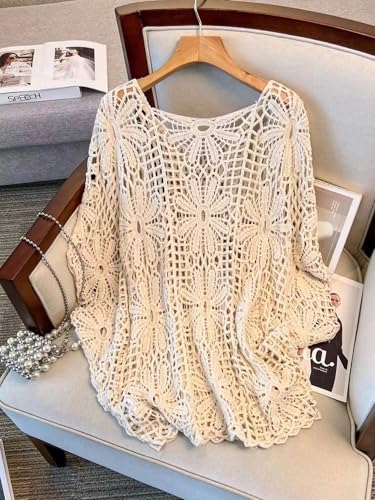 MakeMeChic Women's Plus Size Boho Tops Crochet Sweater Dolman Sleeve Beach Cover Up Plus Beige 3XL
