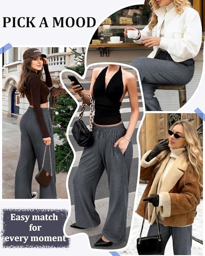 iesunny Wide Leg Pants Women Loose Pants with Pockets Lounge Casual Comfy Drawstring Trousers High Waisted XL Dark Gray