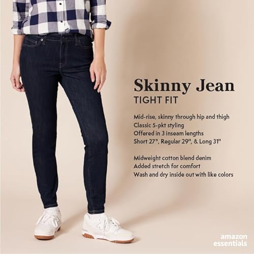 Amazon Essentials Women's Mid-Rise Stretchy Skinny Jeans, Dark Wash, 16