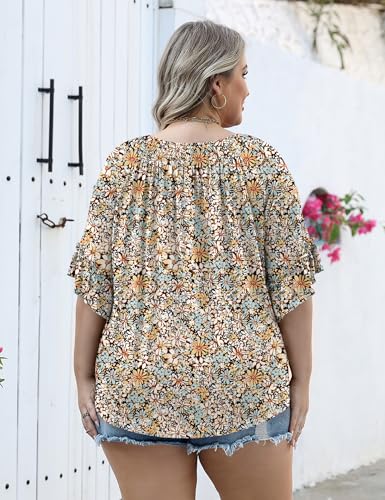 Women's Plus-Size Fashion 2025 Trendy Womens 3/4 Sleeve Tops and Blouses Ruffle Bell Sleeve Pleated Dressy Casual Tops