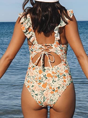 CUPSHE One Piece Swimsuit for Women Deep V Neck Ruffle Tummy Control Back Tie Floral Print Bathing Suits